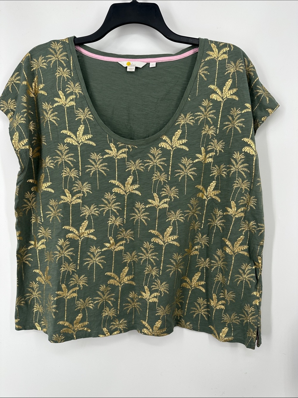 Boden Olive Green Scoop Neck Tee with Gold Palm Print